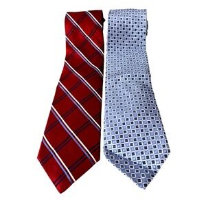 Tommy Hilfiger Men Set of 2 Silk Ties Red Blue Geo Stripe Print Preppy Nautical